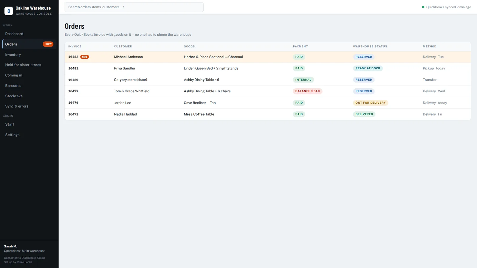 Orders list showing new orders from QuickBooks with payment and warehouse status