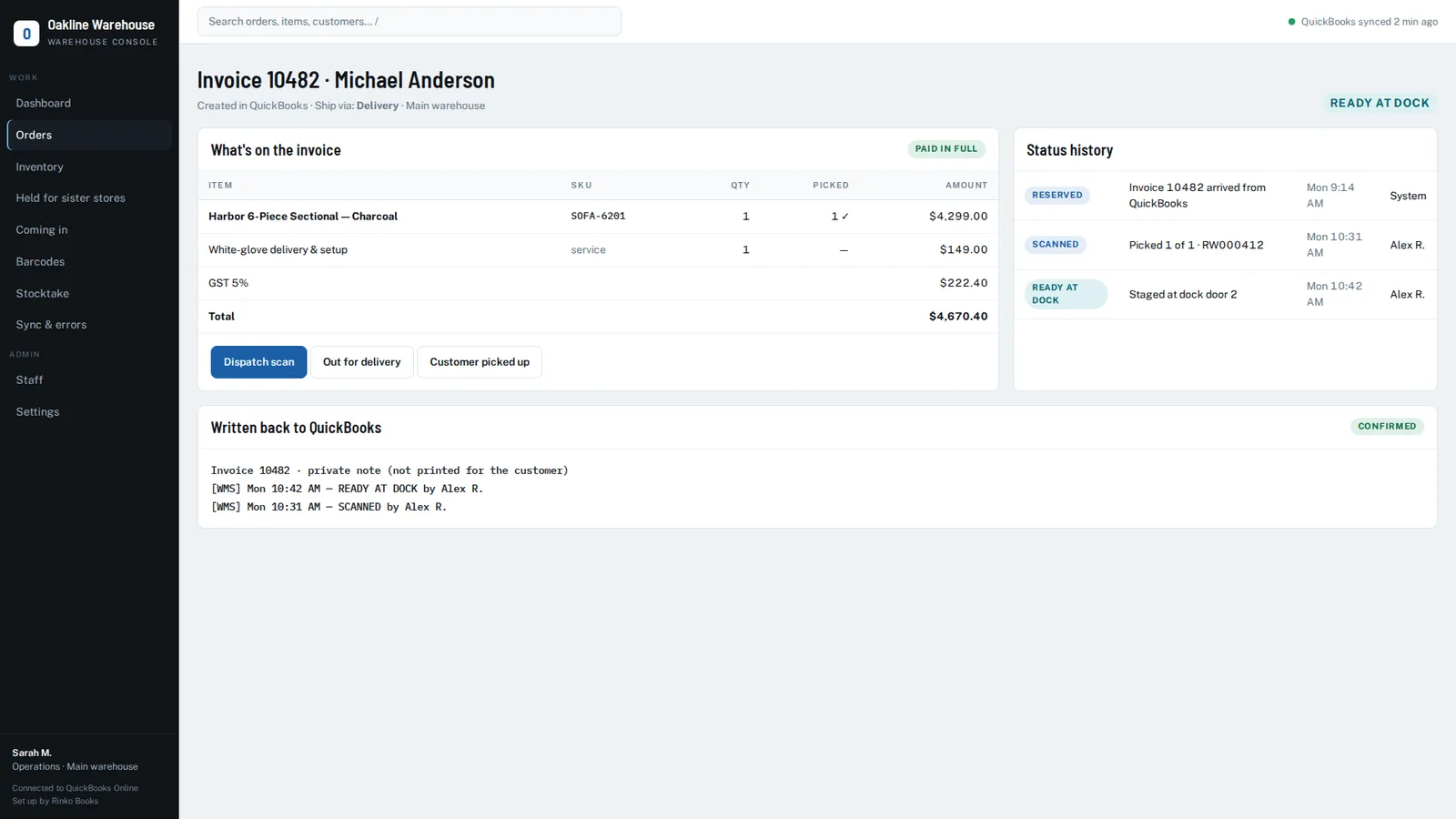 Order detail showing Ready at dock status with a full status history