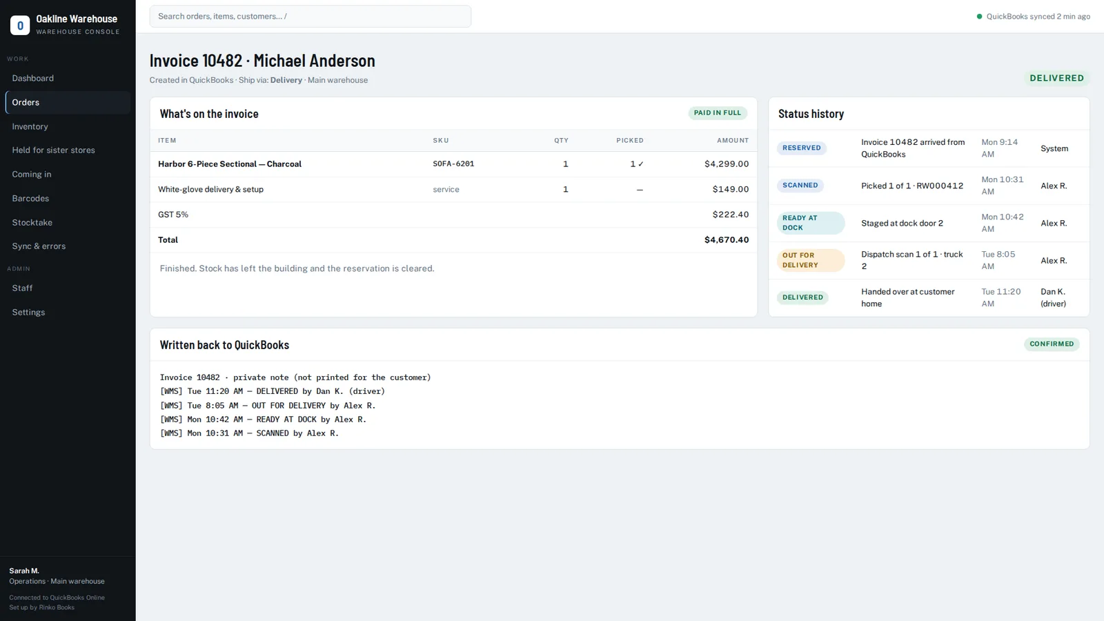 Delivered order with the status history and the note written back to the QuickBooks invoice