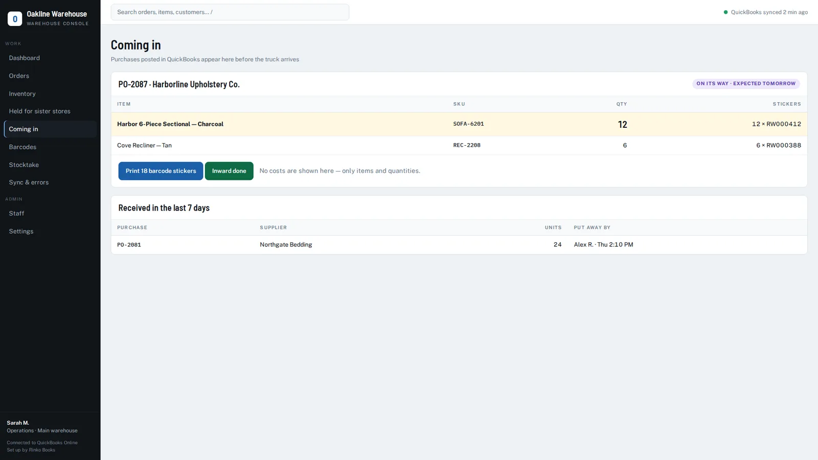 Coming in screen listing a purchase order with units on the way and a button to print barcode stickers