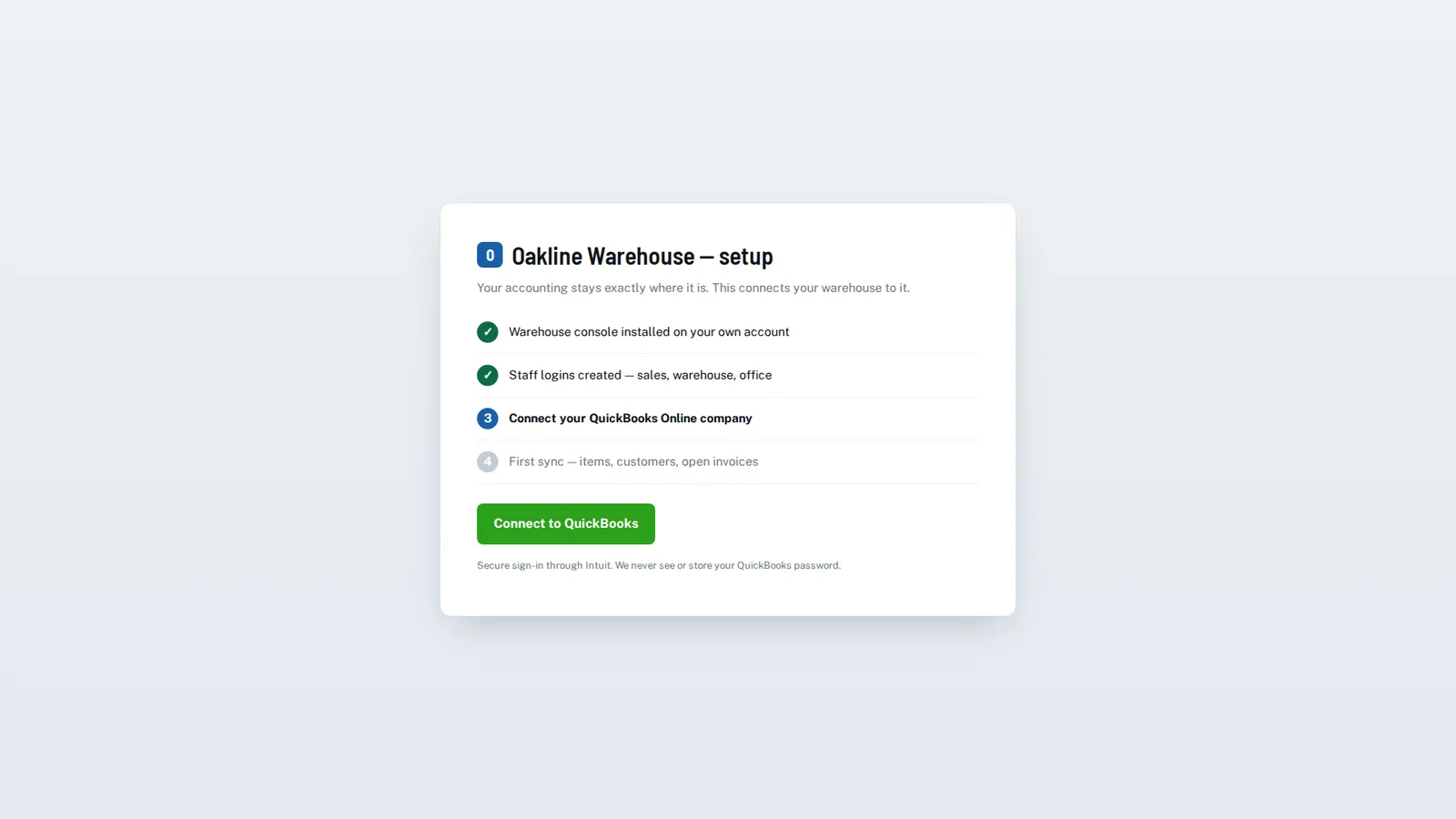 Setup screen with a button to connect the QuickBooks Online company through Intuit sign-in