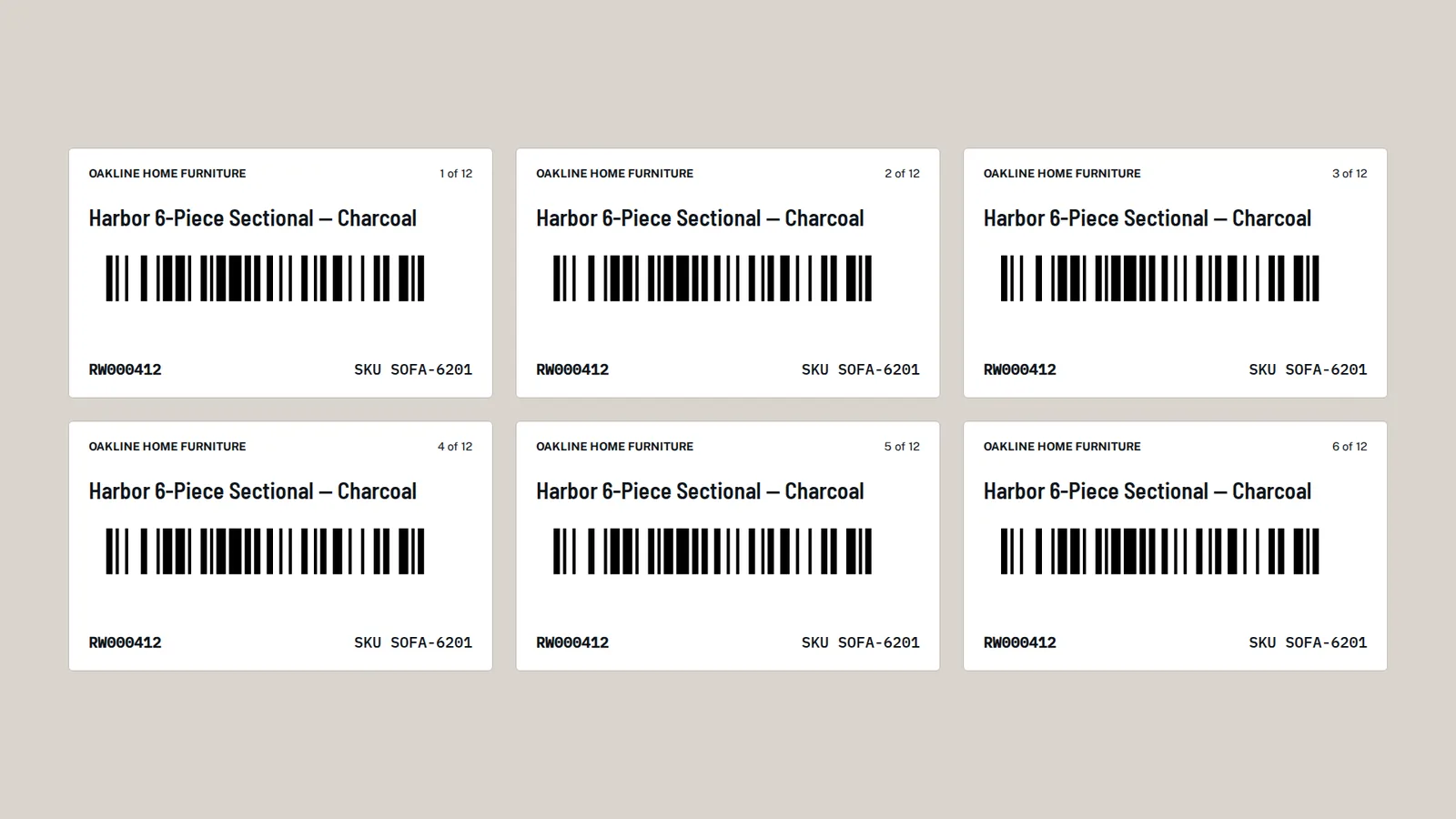Sheet of printed barcode labels, one for each piece of a sectional sofa