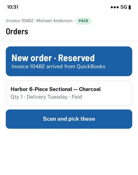 Phone screen showing a new reserved order with a Scan and pick button
