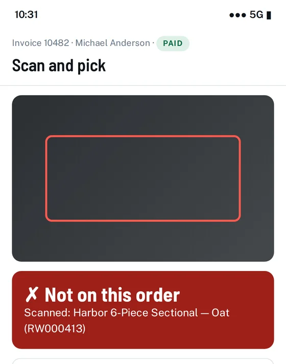 Phone scanner showing a red Not on this order warning after scanning the wrong colour