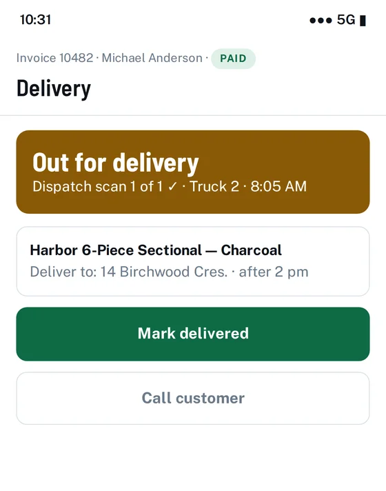Phone screen showing an order out for delivery with a Mark delivered button