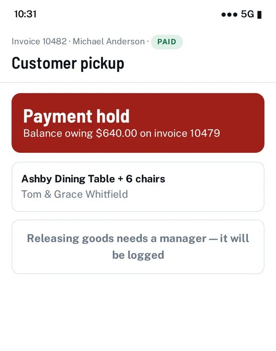 Phone screen showing a red payment hold for an order with a balance owing
